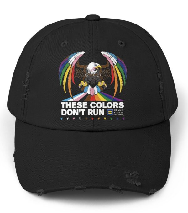 Colors Don’t Run Rainbow Eagle Cap – LGBTQ+ Pride Distressed Cotton Hat