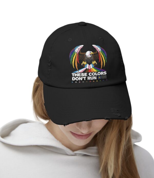 Colors Don’t Run Rainbow Eagle Cap – LGBTQ+ Pride Distressed Cotton Hat