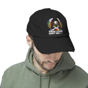Colors Don’t Run Rainbow Eagle Cap – LGBTQ+ Pride Distressed Cotton Hat