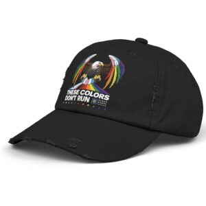 Colors Don’t Run Rainbow Eagle Cap – LGBTQ+ Pride Distressed Cotton Hat